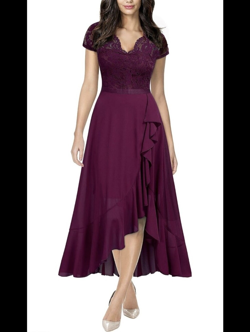 MIUSOL Wine/Plum Lace High-Low Cocktail Dress Large Wedding Guest